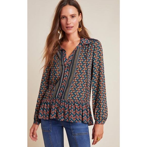 Maeve By Anthropologie Orange Janie Flounced Peasant Long-Sleeve Blouse Size 14 - Picture 1 of 8